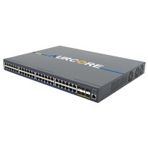 Angle view of the Aurcore AES2011P showing the active LCD status display and 24 Gigabit PoE+ ports.