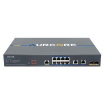 Front panel of the AES4101P switch featuring 8 Multi-Gigabit 2.5G PoE+ ports and four 10G uplink options.