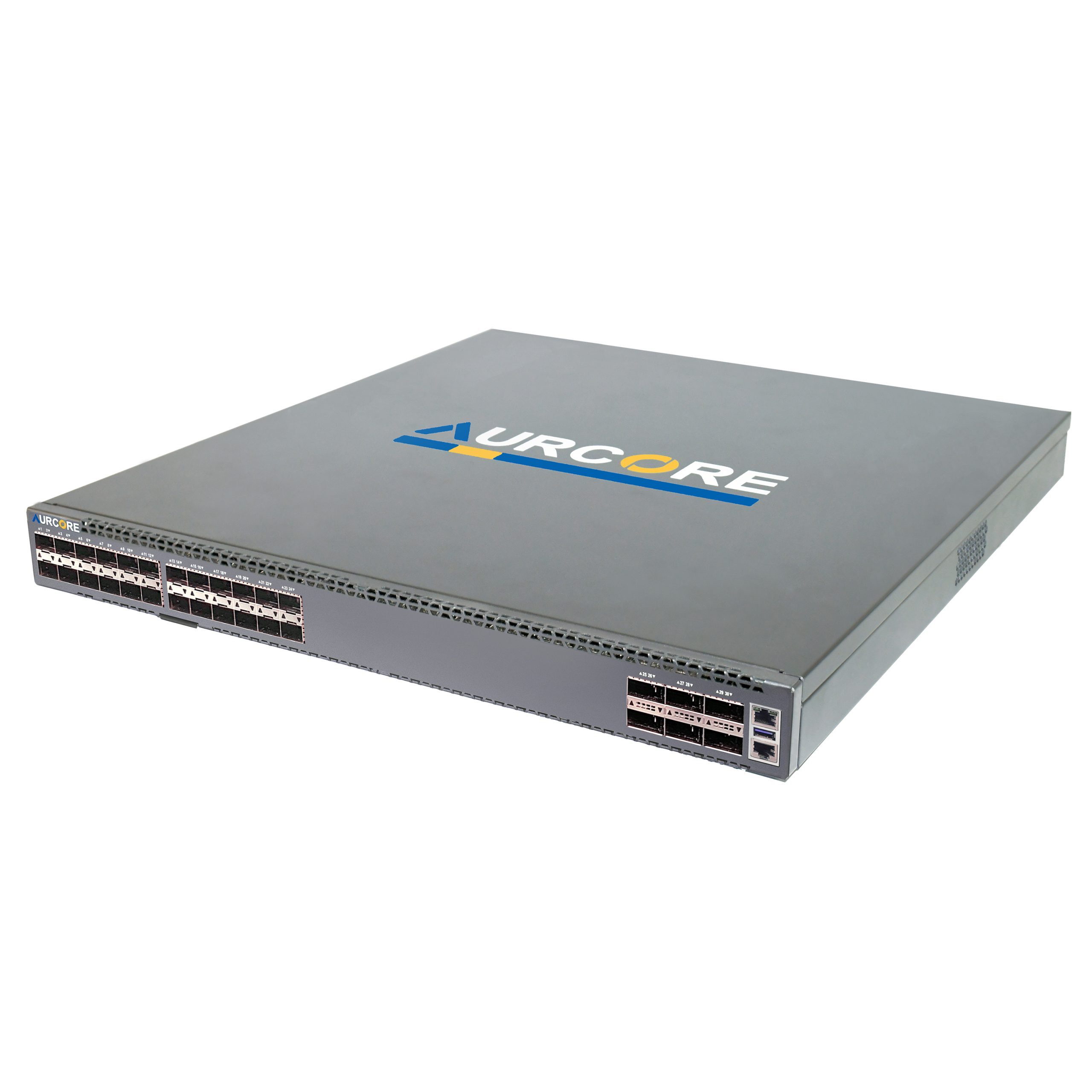 aurcore aes6001 data center switch. Aurcore AES6001 switch angle panel with SFP+ and QSFP28 ports.