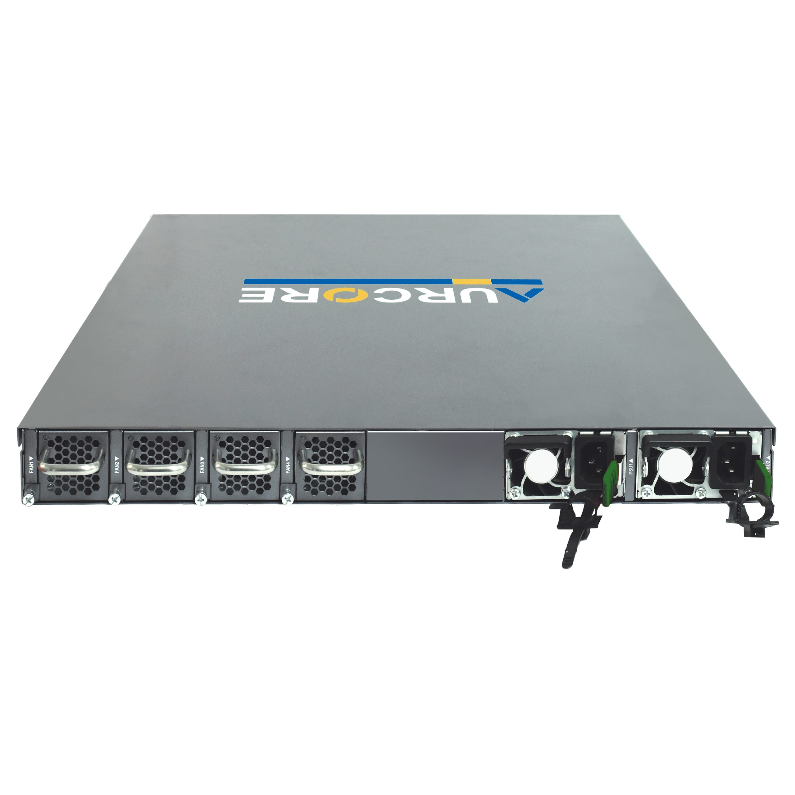 aurcore aes6001 data center switch. Aurcore AES6001 switch back panel with SFP+ and QSFP28 ports.