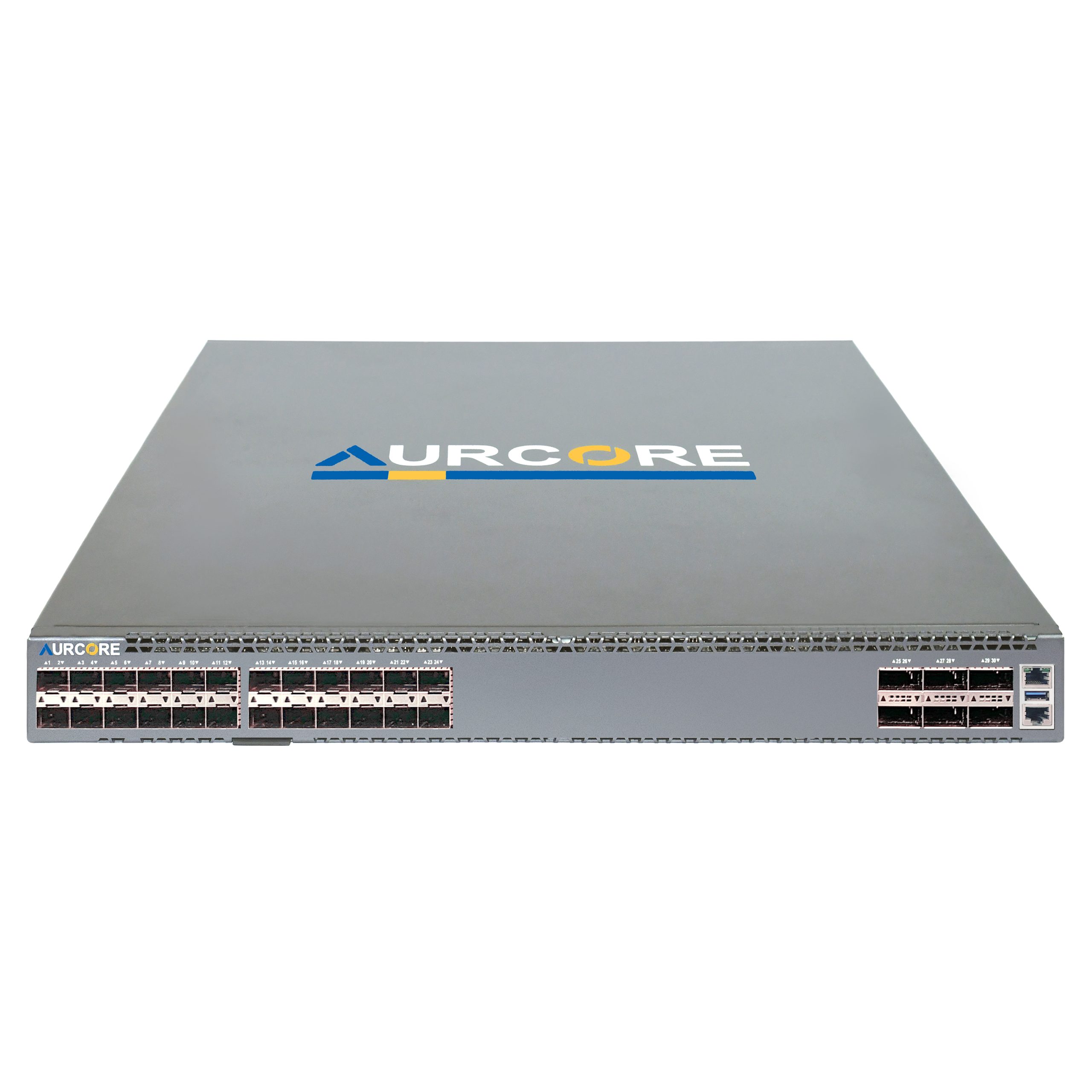 aurcore aes6001 data center switch. Aurcore AES6001 switch front panel with SFP+ and QSFP28 ports.