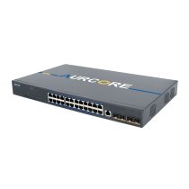 Aurcore AES4001 switch angle panel with 24 GE RJ45 ports and 4 SFP+ uplinks.