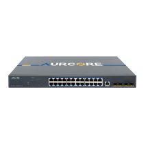 Aurcore AES4001 switch front panel with 24 GE RJ45 ports and 4 SFP+ uplinks.