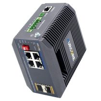 Rugged all-aluminum chassis of the AIS2001P industrial switch showing 4 PoE+ ports and dual SFP slots. Angle