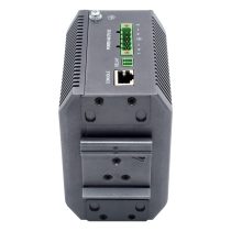 Rugged all-aluminum chassis of the AIS2001P industrial switch showing 4 PoE+ ports and dual SFP slots. Back