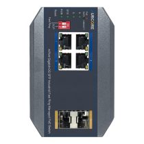 Rugged all-aluminum chassis of the AIS2001P industrial switch showing 4 PoE+ ports and dual SFP slots. Front