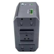 Back view of the AIS4001P industrial switch showcasing its 4 high-speed 10GE SFP+ uplink slots and 8 PoE+ ports.