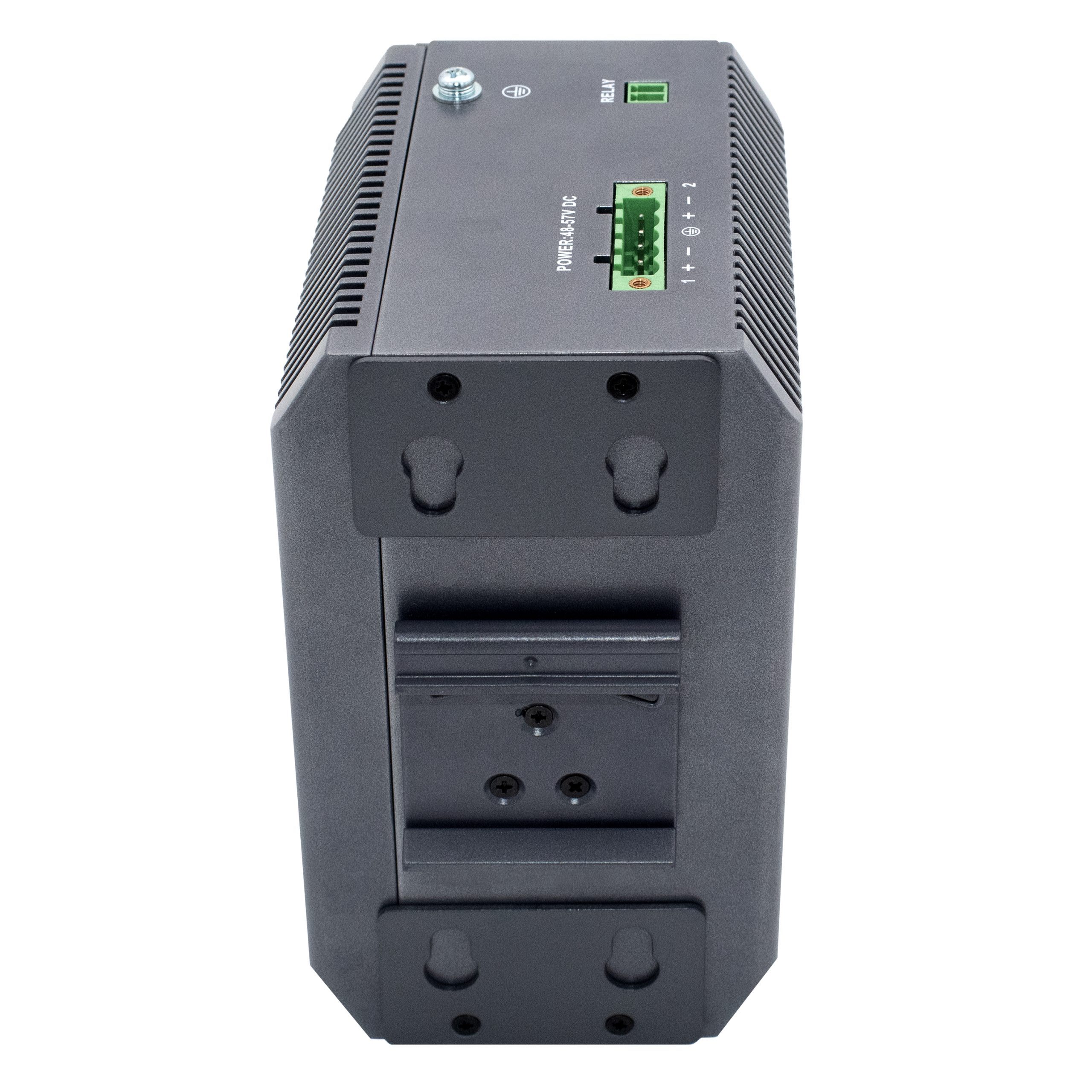 Aurcore AIS4001P | Industrial L3 PoE+ Switch | 4x10G SFP+ Back view of the AIS4001P industrial switch showcasing its 4 high-speed 10GE SFP+ uplink slots and 8 PoE+ ports.