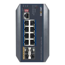 Front view of the AIS4001P industrial switch showcasing its 4 high-speed 10GE SFP+ uplink slots and 8 PoE+ ports.
