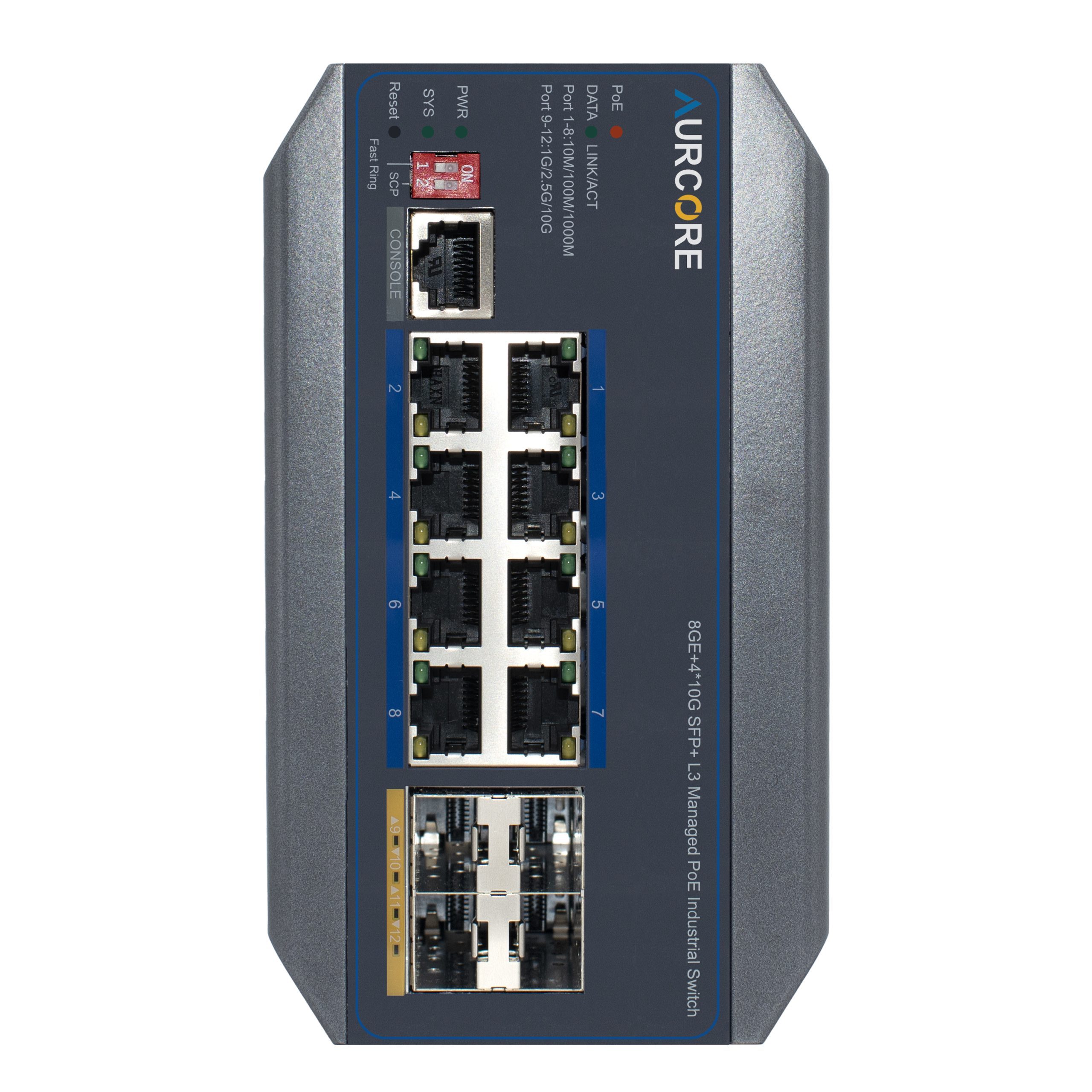 Aurcore AIS4001P | Industrial L3 PoE+ Switch | 4x10G SFP+ Front view of the AIS4001P industrial switch showcasing its 4 high-speed 10GE SFP+ uplink slots and 8 PoE+ ports.
