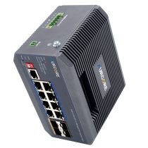Angle view of the AIS4001P industrial switch showcasing its 4 high-speed 10GE SFP+ uplink slots and 8 PoE+ ports.