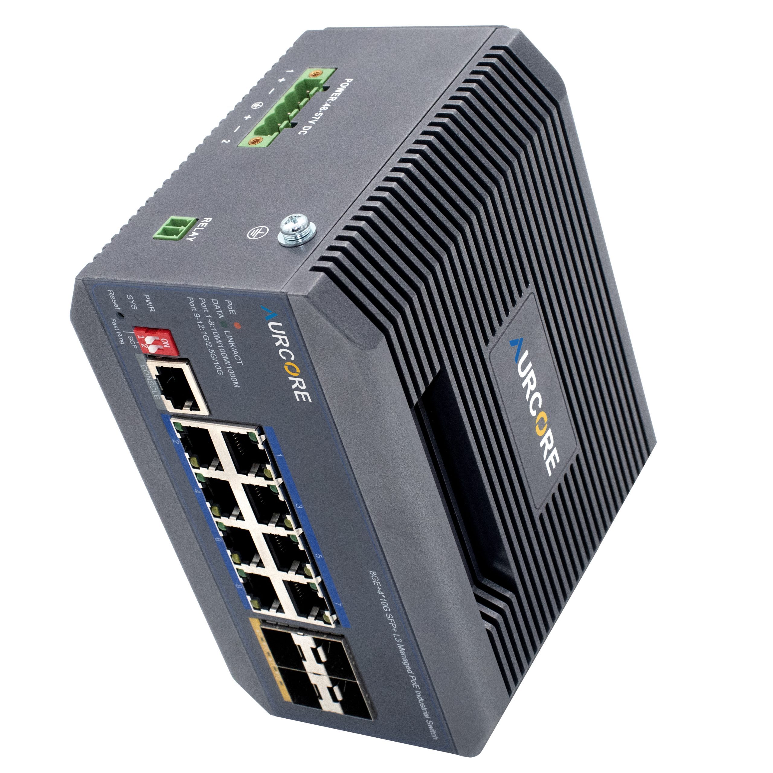 Aurcore AIS4001P | Industrial L3 PoE+ Switch | 4x10G SFP+ Angle view of the AIS4001P industrial switch showcasing its 4 high-speed 10GE SFP+ uplink slots and 8 PoE+ ports.